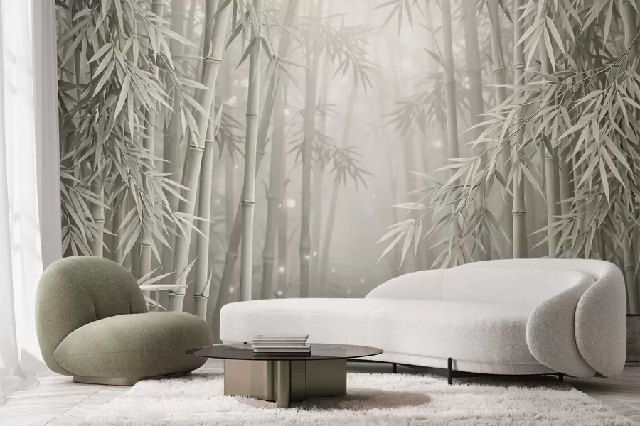 Papier peint Une forêt de bambous mystique, enveloppée d'une brume légère, aux tons olive discrets et blanc laiteux w10090