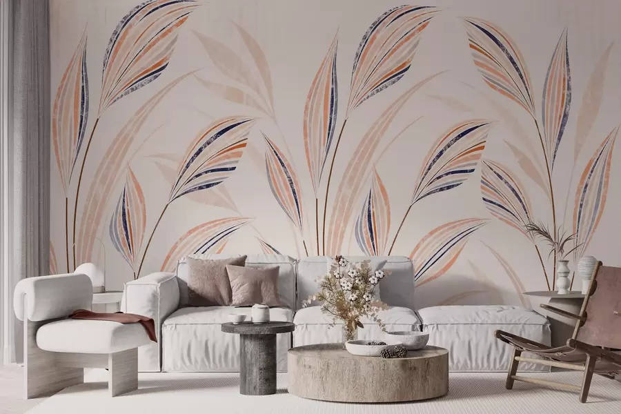 Papier peint Herbes décoratives abstraites aux feuilles élancées et élégantes, dans des tons de pêche, de crème et de bleu aquarelle w10093
