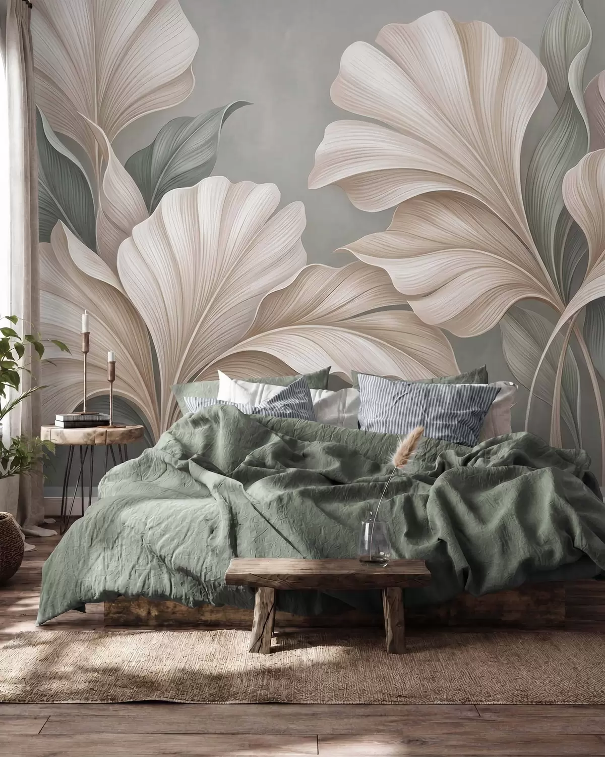 Papier peint Feuilles végétales délicates dans des tons beiges naturels et vert sauge w10094