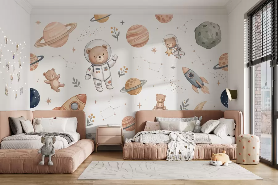 Papier peint De mignons oursons astronautes au milieu des planètes, des fusées et des étoiles, dans un style aquarelle aux couleurs pastel douces w10096