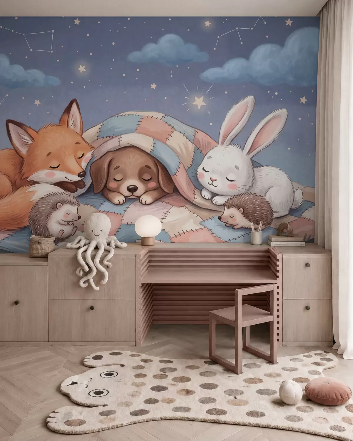 Papier peint Des animaux de la forêt pleins de fantaisie, endormis sous un ciel étoilé sur une couverture en patchwork douillette, dans une charmante illustration à l'aquarelle w10098