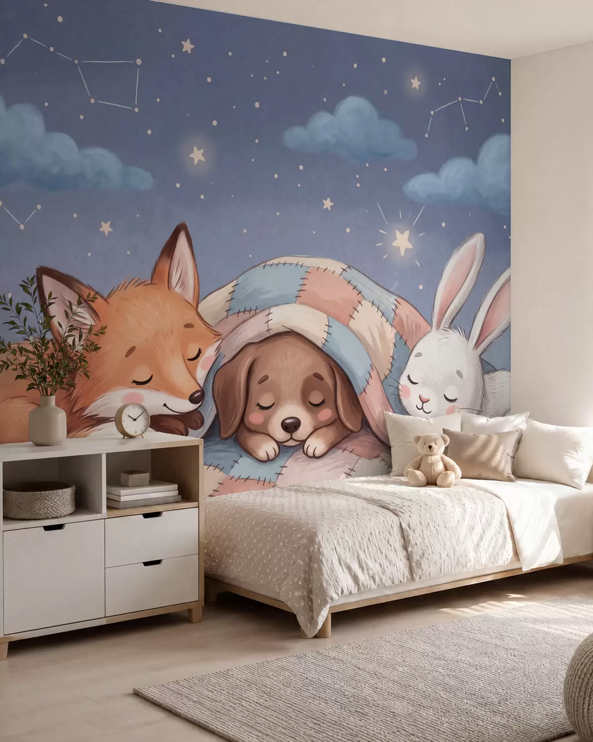 Papier peint Des animaux de la forêt pleins de fantaisie, endormis sous un ciel étoilé sur une couverture en patchwork douillette, dans une charmante illustration à l'aquarelle w10098