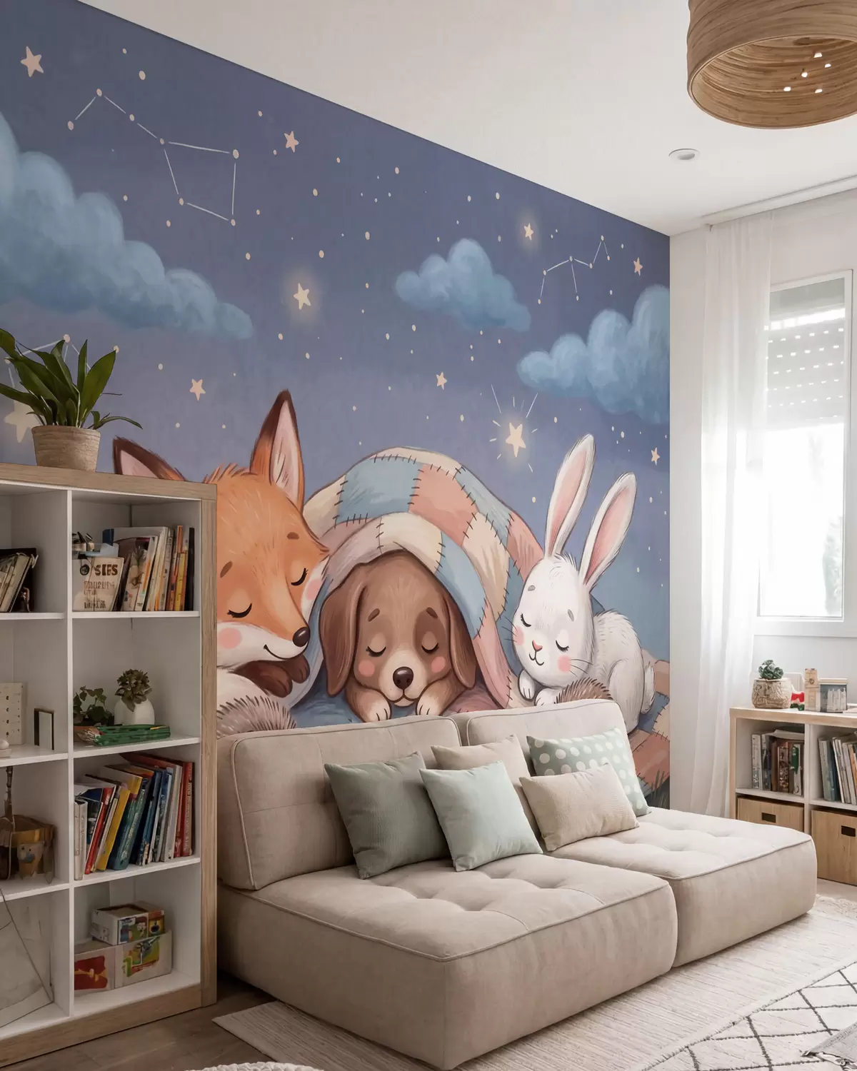 Papier peint Des animaux de la forêt pleins de fantaisie, endormis sous un ciel étoilé sur une couverture en patchwork douillette, dans une charmante illustration à l'aquarelle w10098