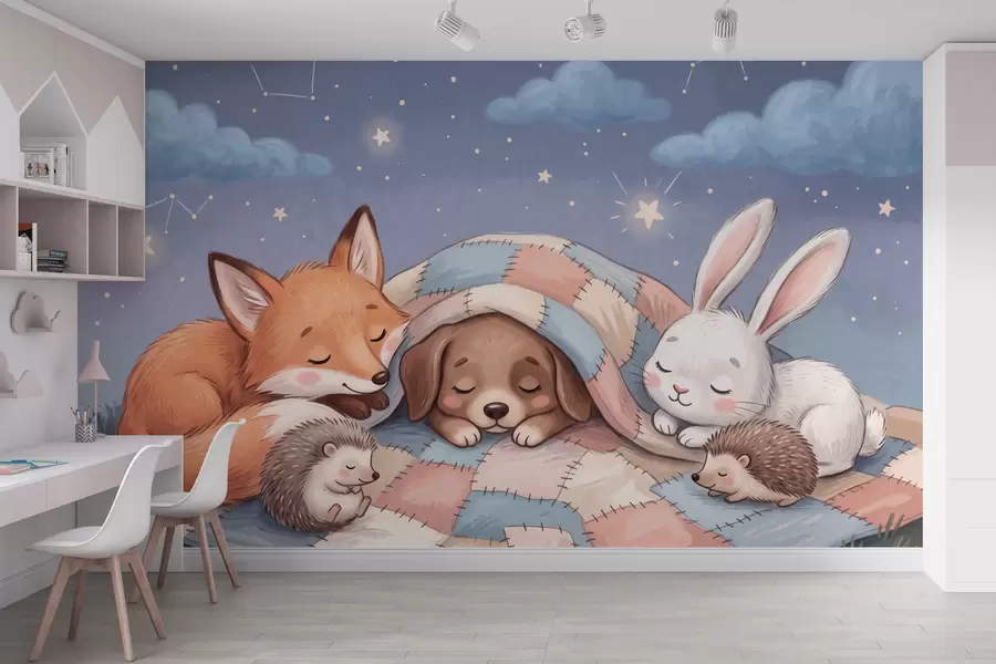 Papier peint Des animaux de la forêt pleins de fantaisie, endormis sous un ciel étoilé sur une couverture en patchwork douillette, dans une charmante illustration à l'aquarelle w10098