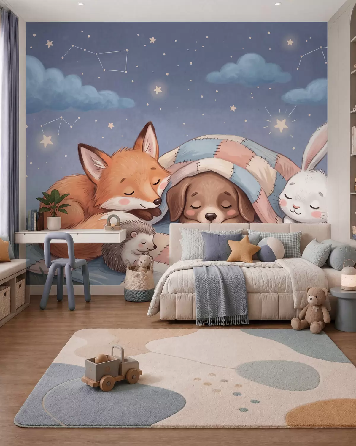 Papier peint Des animaux de la forêt pleins de fantaisie, endormis sous un ciel étoilé sur une couverture en patchwork douillette, dans une charmante illustration à l'aquarelle w10098