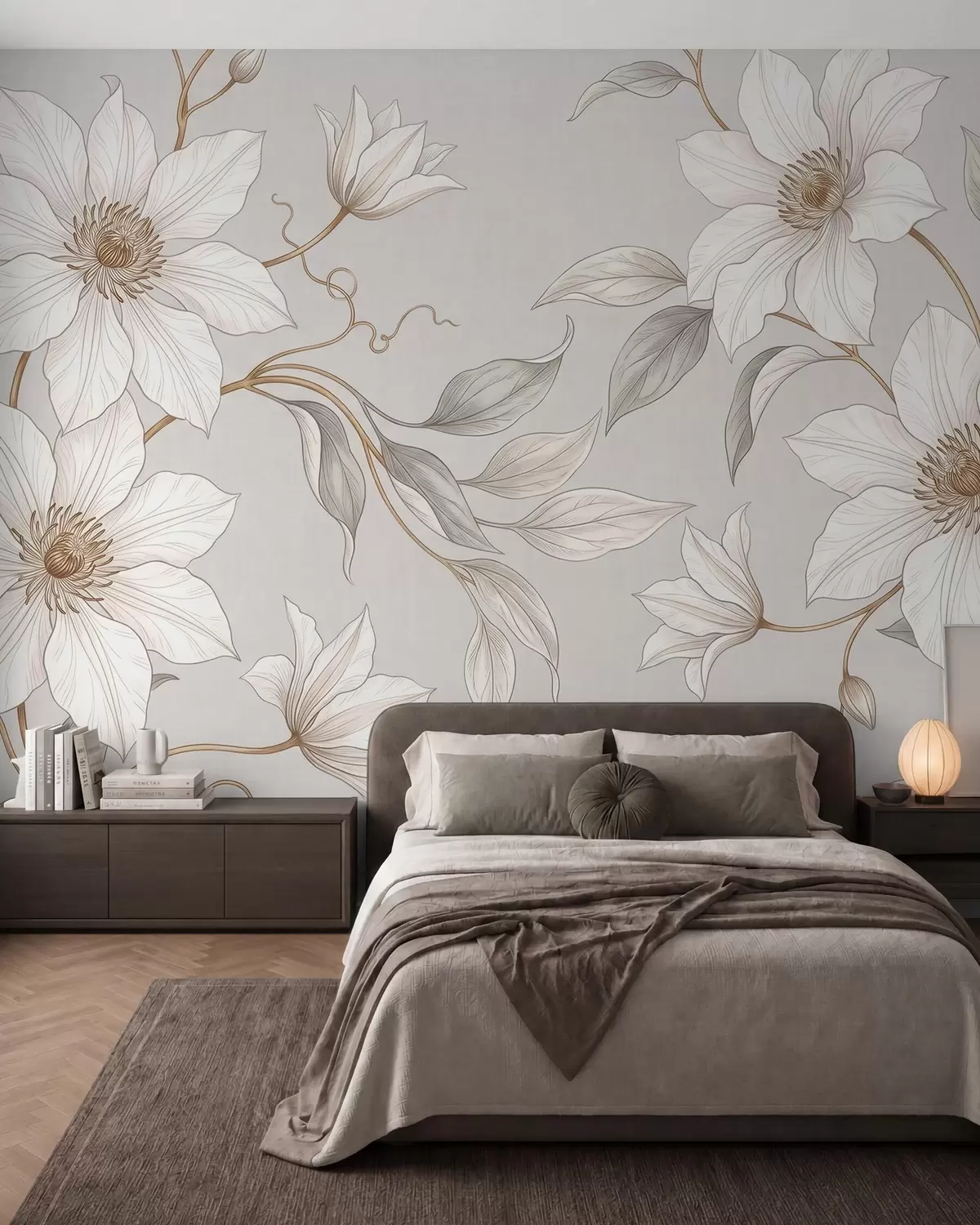 Papier peint Élégantes fleurs botaniques blanches aux branches délicates w10099
