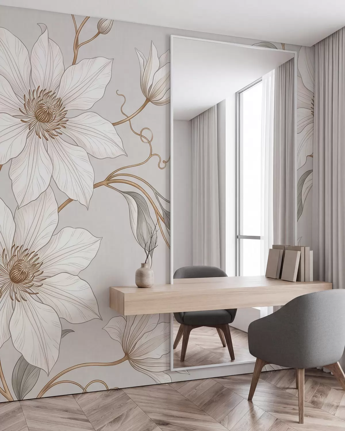 Papier peint Élégantes fleurs botaniques blanches aux branches délicates w10099