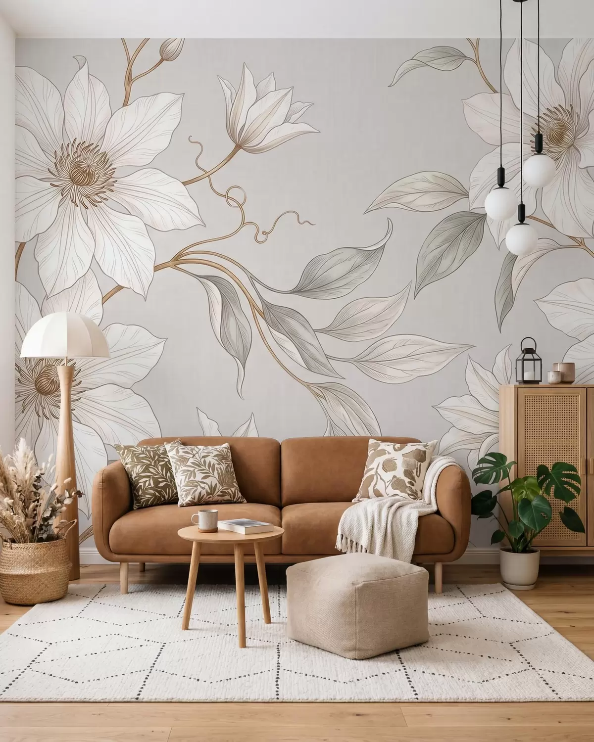 Papier peint Élégantes fleurs botaniques blanches aux branches délicates w10099