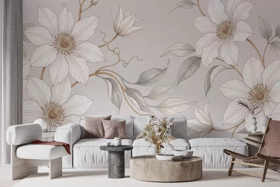 Papier peint Élégantes fleurs botaniques blanches aux branches délicates w10099
