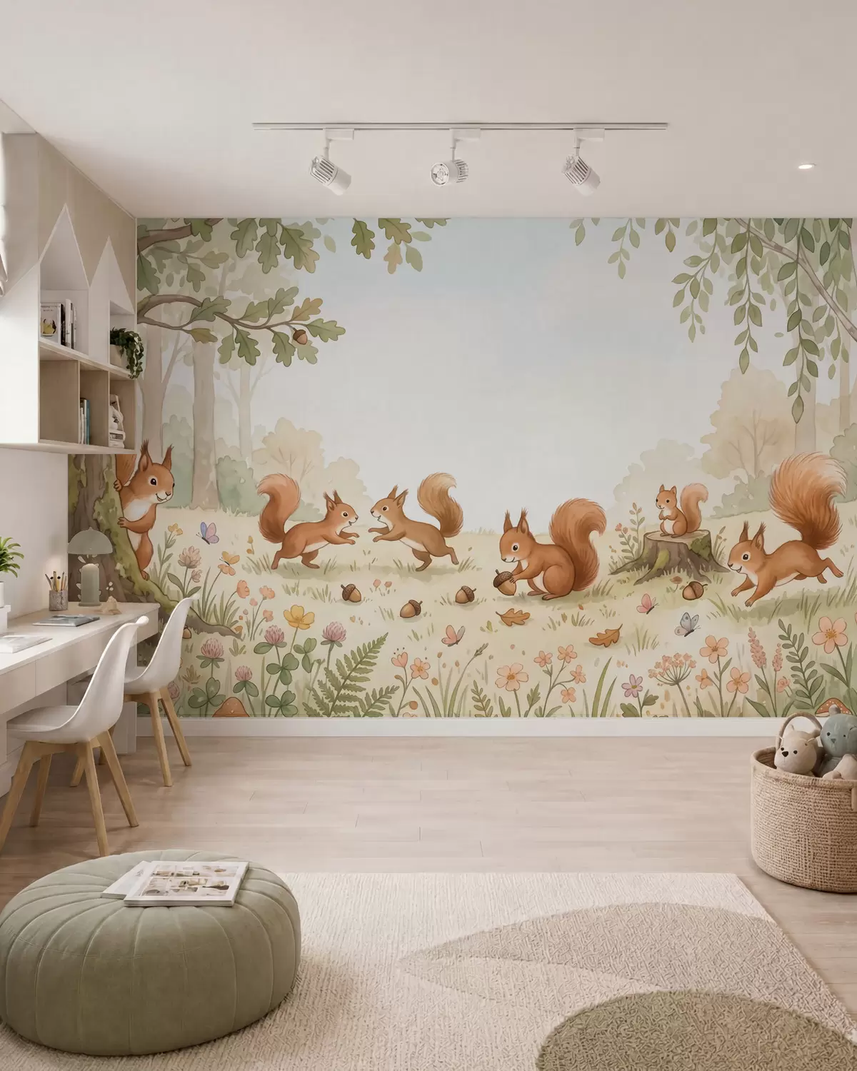 Papier peint Une forêt d'automne peuplée d'écureuils roux au pelage duveteux, de glands et de délicates fleurs sauvages, dans un style aquarelle w10102
