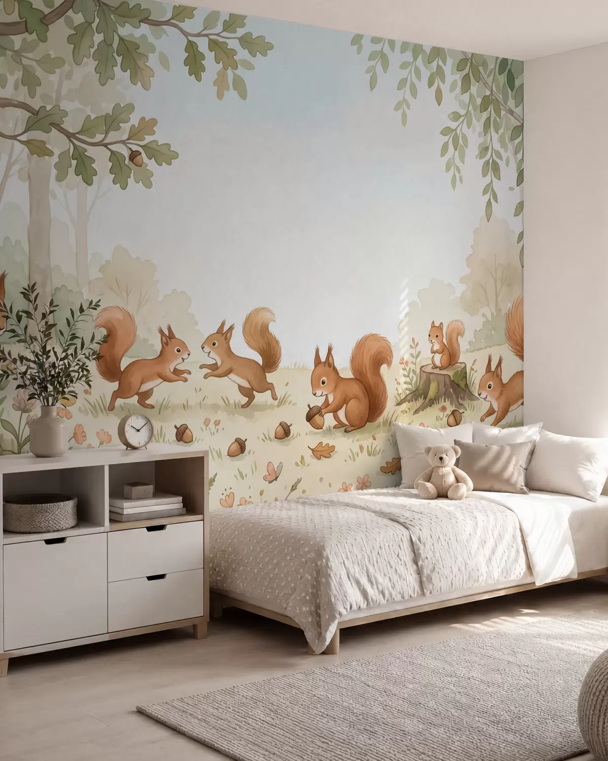 Papier peint Une forêt d'automne peuplée d'écureuils roux au pelage duveteux, de glands et de délicates fleurs sauvages, dans un style aquarelle w10102