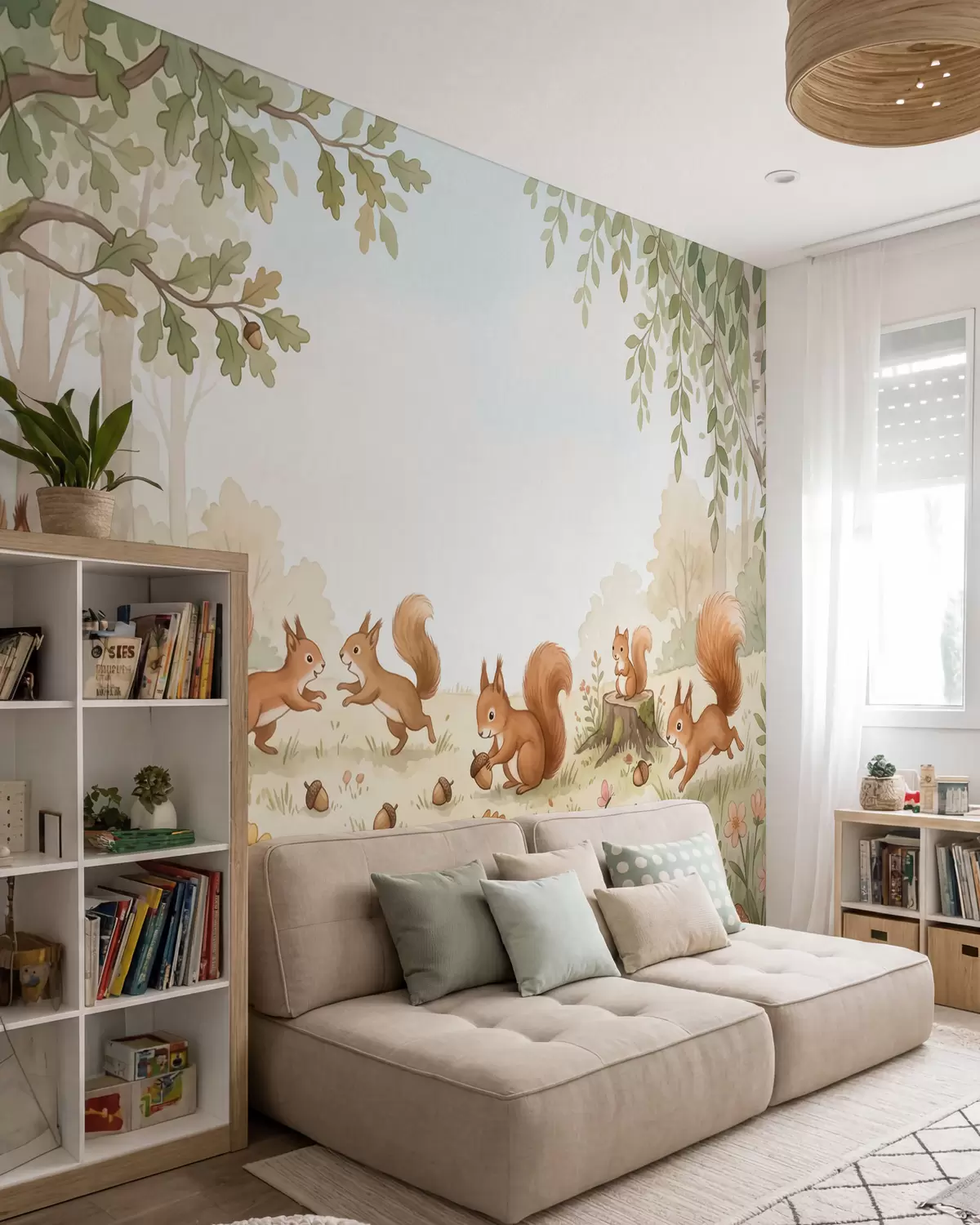 Papier peint Une forêt d'automne peuplée d'écureuils roux au pelage duveteux, de glands et de délicates fleurs sauvages, dans un style aquarelle w10102