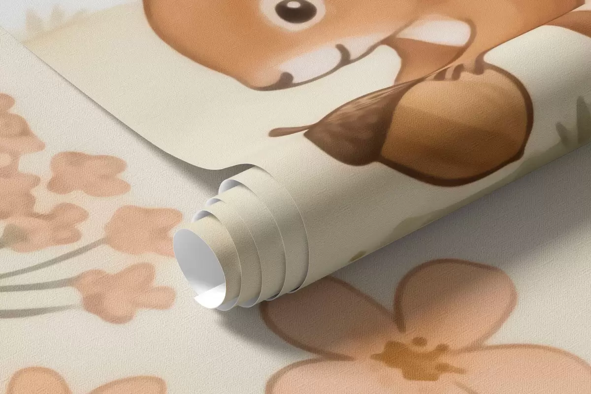 Papier peint Une forêt d'automne peuplée d'écureuils roux au pelage duveteux, de glands et de délicates fleurs sauvages, dans un style aquarelle w10102