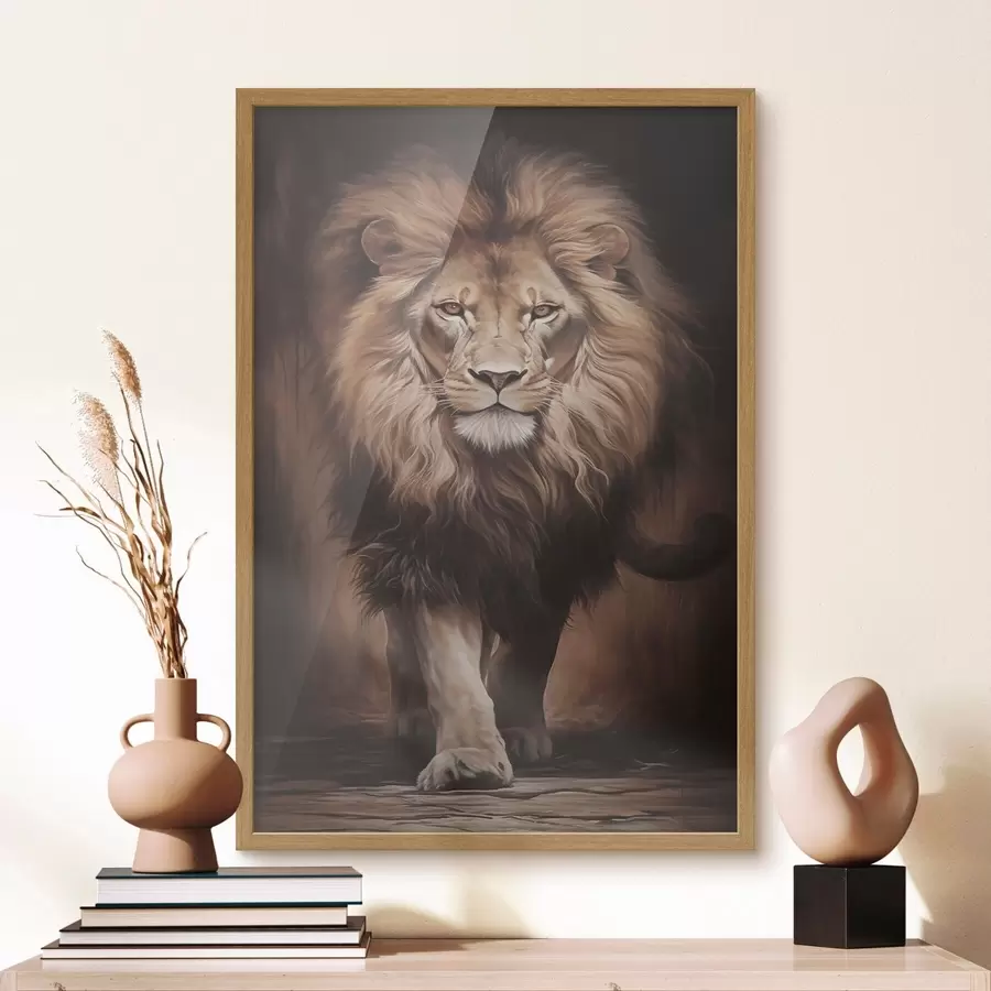 Papier peint Un lion majestueux dans un intérieur sombre f51087