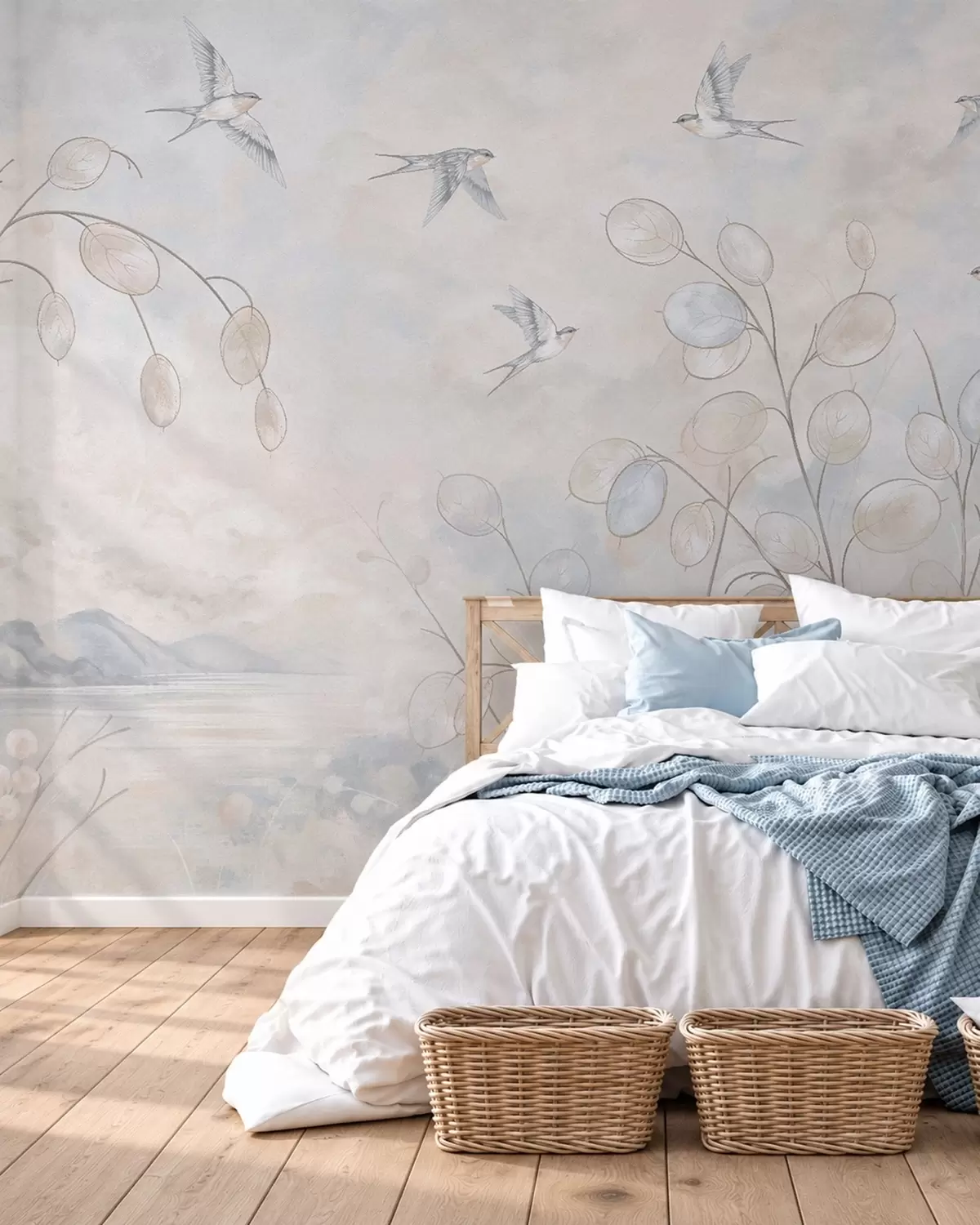 Papier peint Des hirondelles parmi des plantes délicates, avec en toile de fond un lac et des montagnes w05892