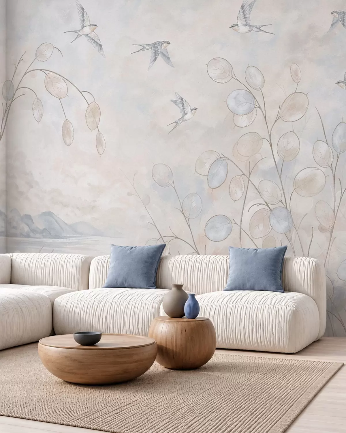 Papier peint Des hirondelles parmi des plantes délicates, avec en toile de fond un lac et des montagnes w05892