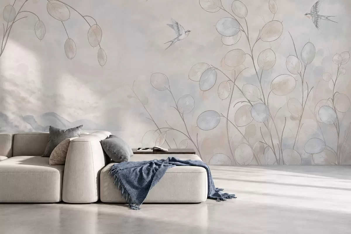 Papier peint Des hirondelles parmi des plantes délicates, avec en toile de fond un lac et des montagnes w05892