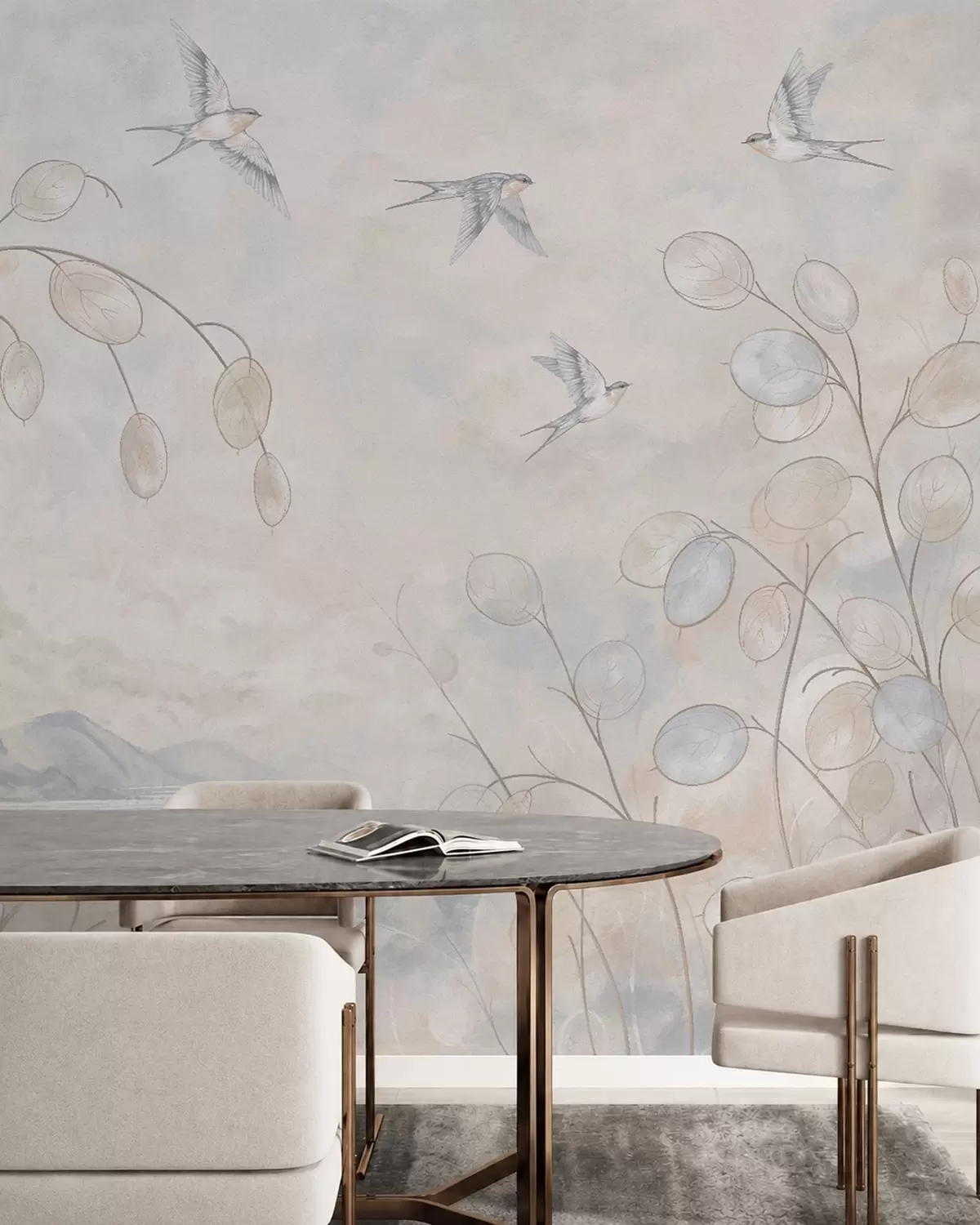 Papier peint Des hirondelles parmi des plantes délicates, avec en toile de fond un lac et des montagnes w05892