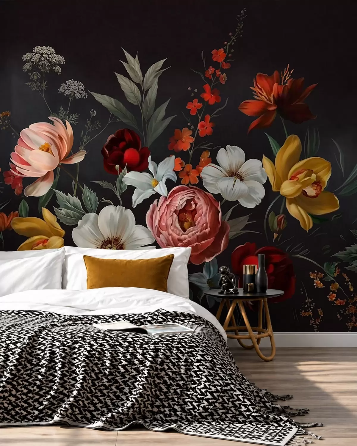 Papier peint Composition florale luxuriante composée de fleurs colorées sur un fond sombre w05960
