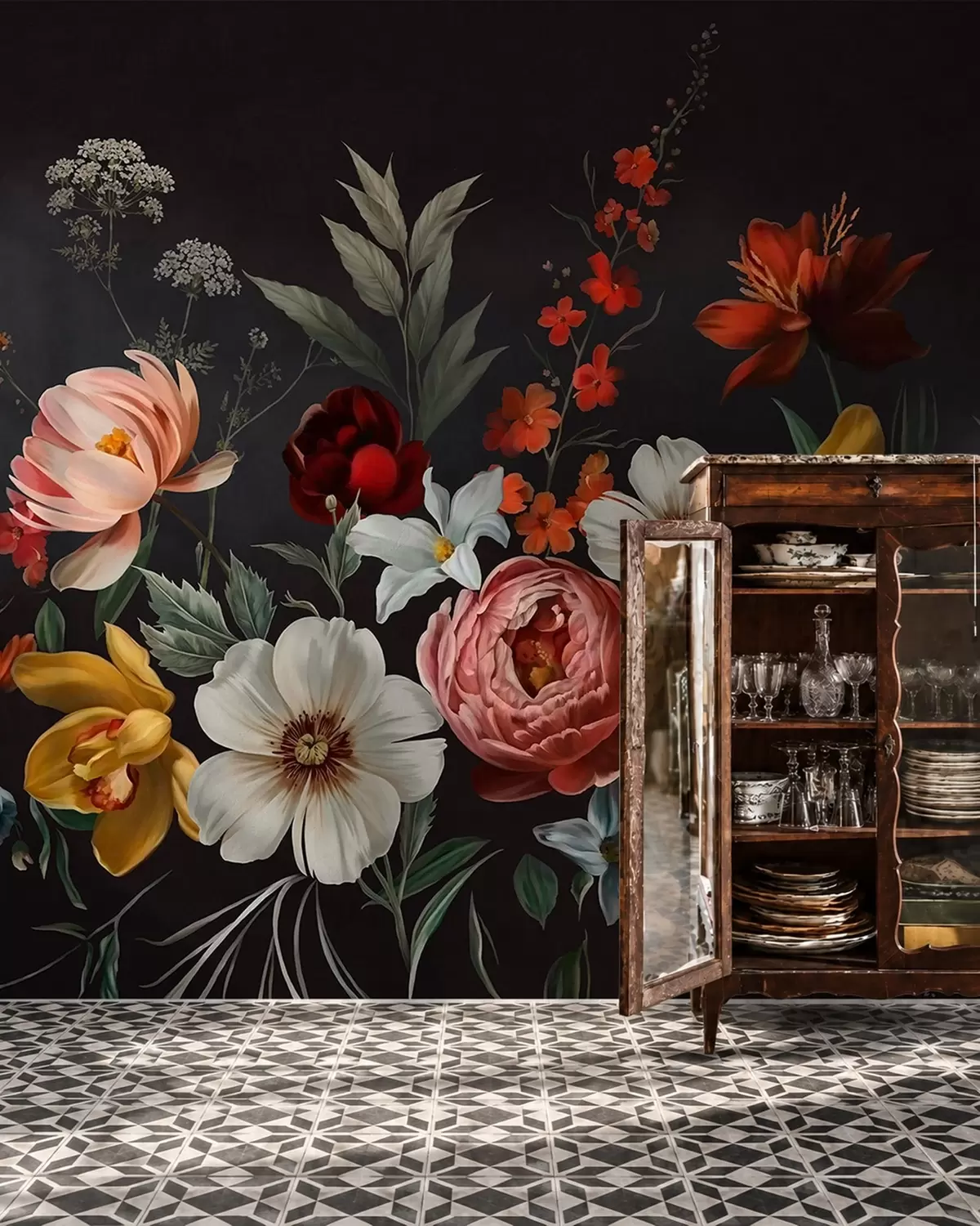 Papier peint Composition florale luxuriante composée de fleurs colorées sur un fond sombre w05960