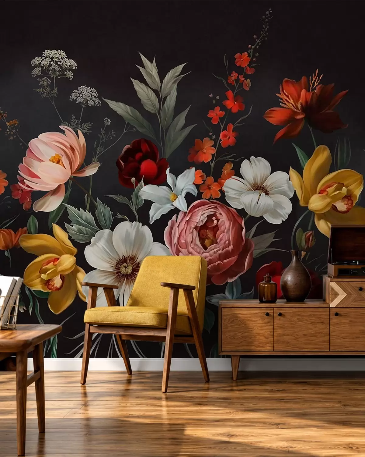 Papier peint Composition florale luxuriante composée de fleurs colorées sur un fond sombre w05960
