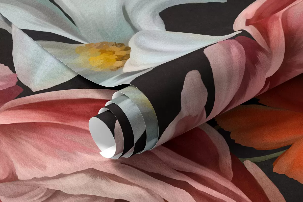 Papier peint Composition florale luxuriante composée de fleurs colorées sur un fond sombre w05960