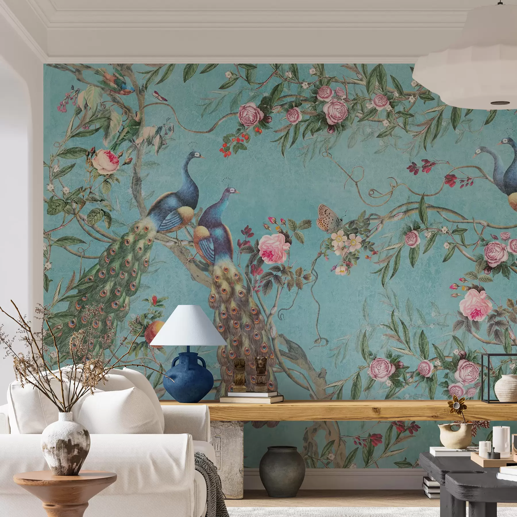 Papier peint Blanc, pétale et argent u12428