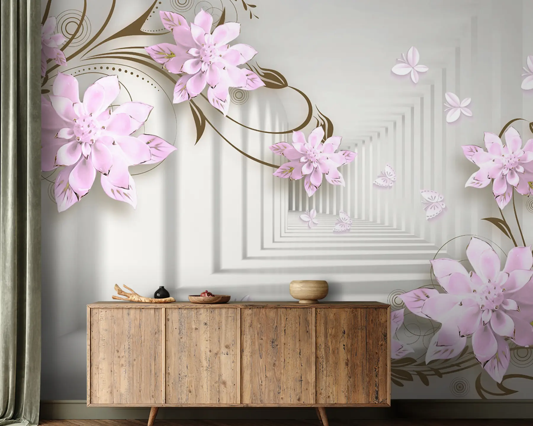 Papier peint Fleurs roses dans un tunnel 3d u21861v3
