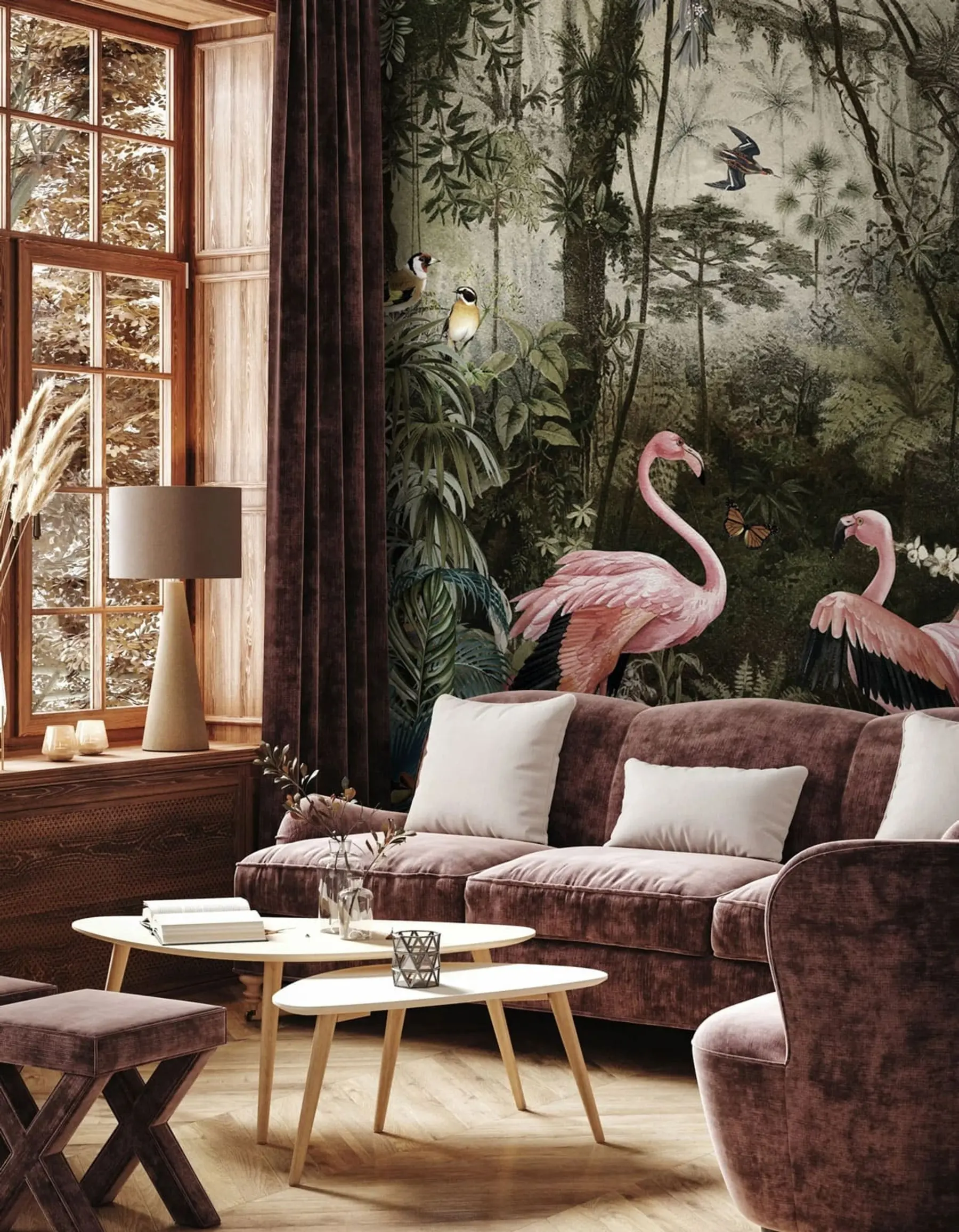 Papier peint Oiseaux tropicaux et flamants dans la jungle u73568