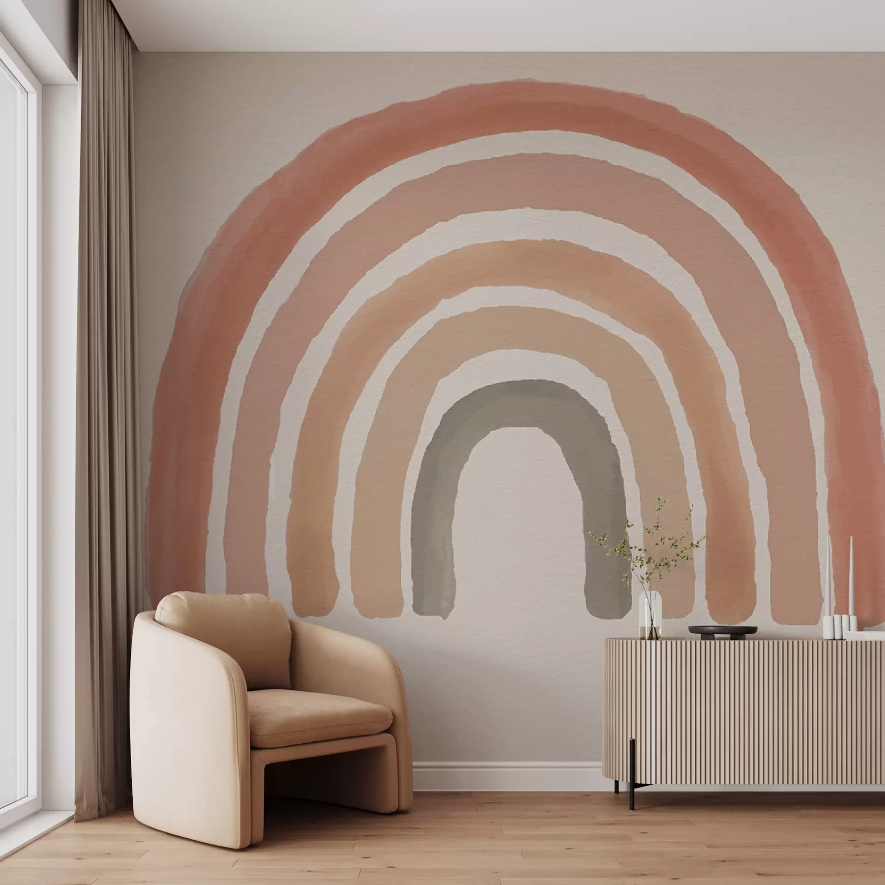 Papier peint papier peint de style bohème : pêche corail, arc-en-ciel rose. Mur arc-en-ciel pastel rose u93566