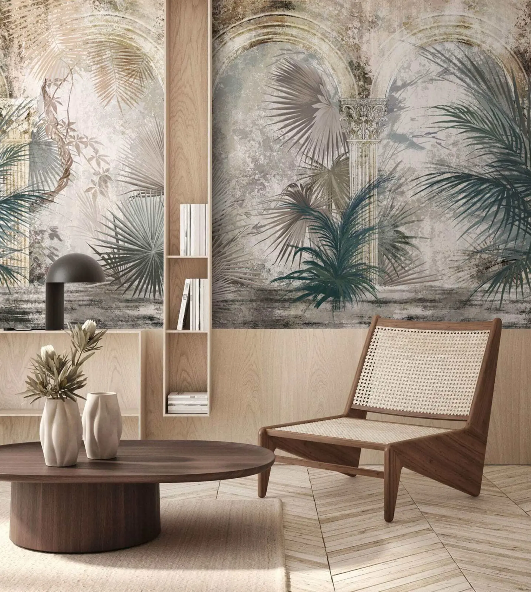 Papier peint Parmi les colonnes figurent des plantes et des feuilles tropicales et exotiques u78667
