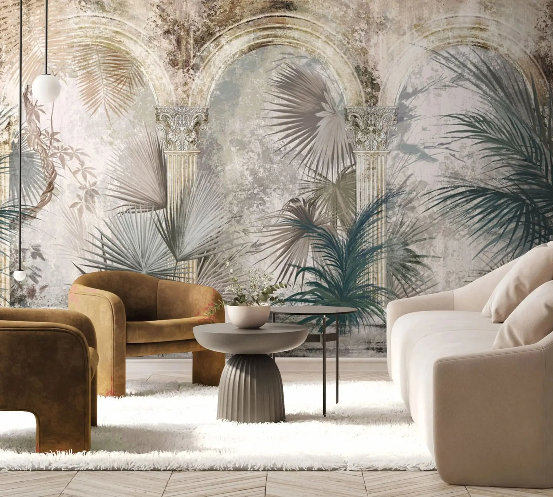 Papier peint Parmi les colonnes figurent des plantes et des feuilles tropicales et exotiques u78667