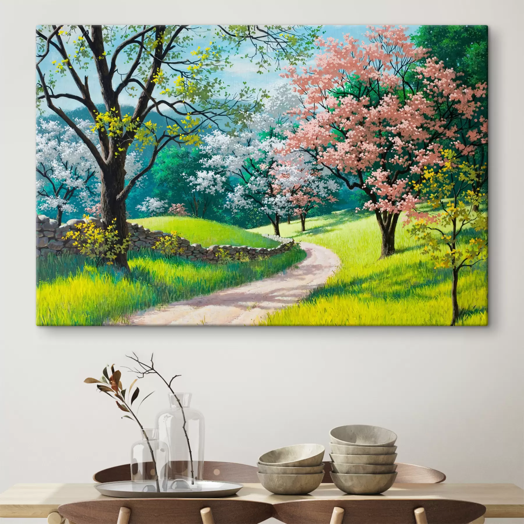 Tableau Arbres fruitiers en fleurs, chemin du village s15350