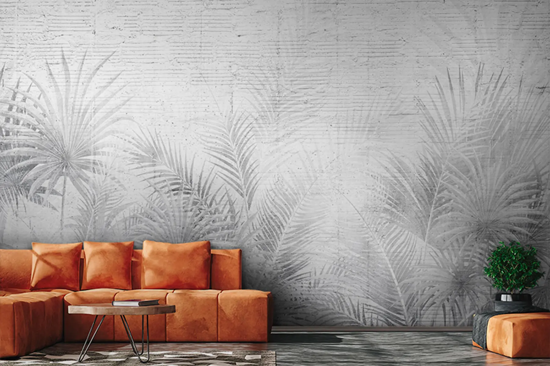 Papier peint Mur grunge noir et blanc avec feuilles tropicales u74401