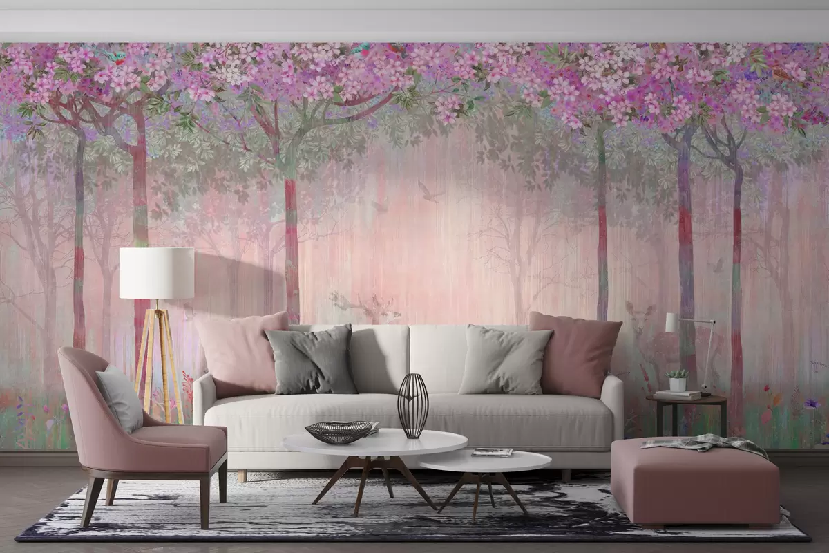 Papier peint Arbres à fleurs avec de longs troncs, cerfs entre les arbres u62100v3