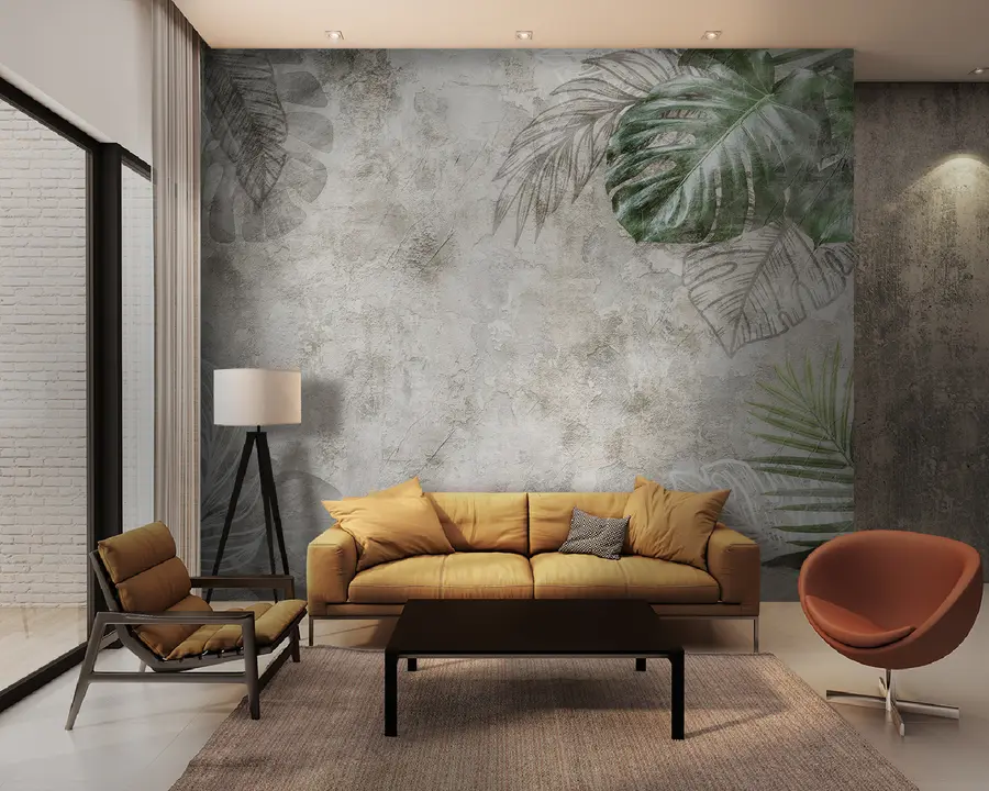 Papier peint Feuilles tropicales sur un mur âgé u93964