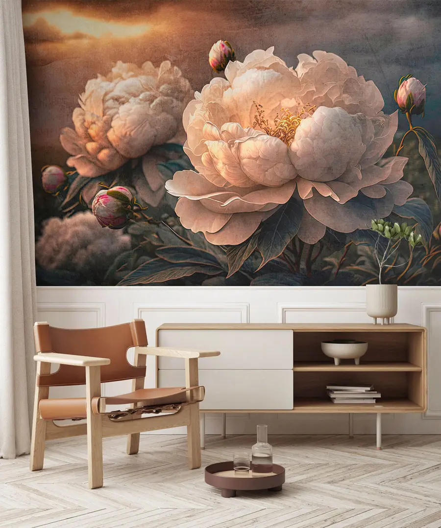 Papier peint Belles pivoines blanches sous les rayons du soleil couchant u74774