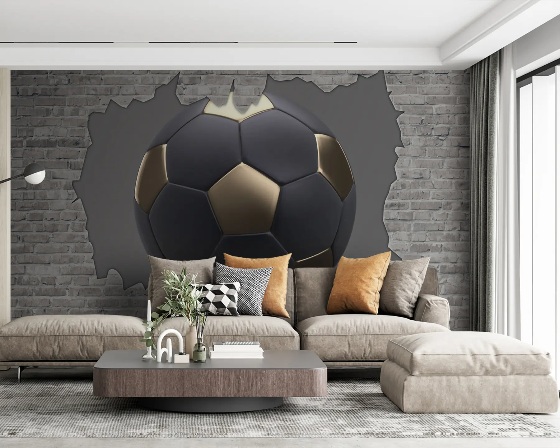 Papier peint Ballon de football sur le fond d'un mur de briques u94058