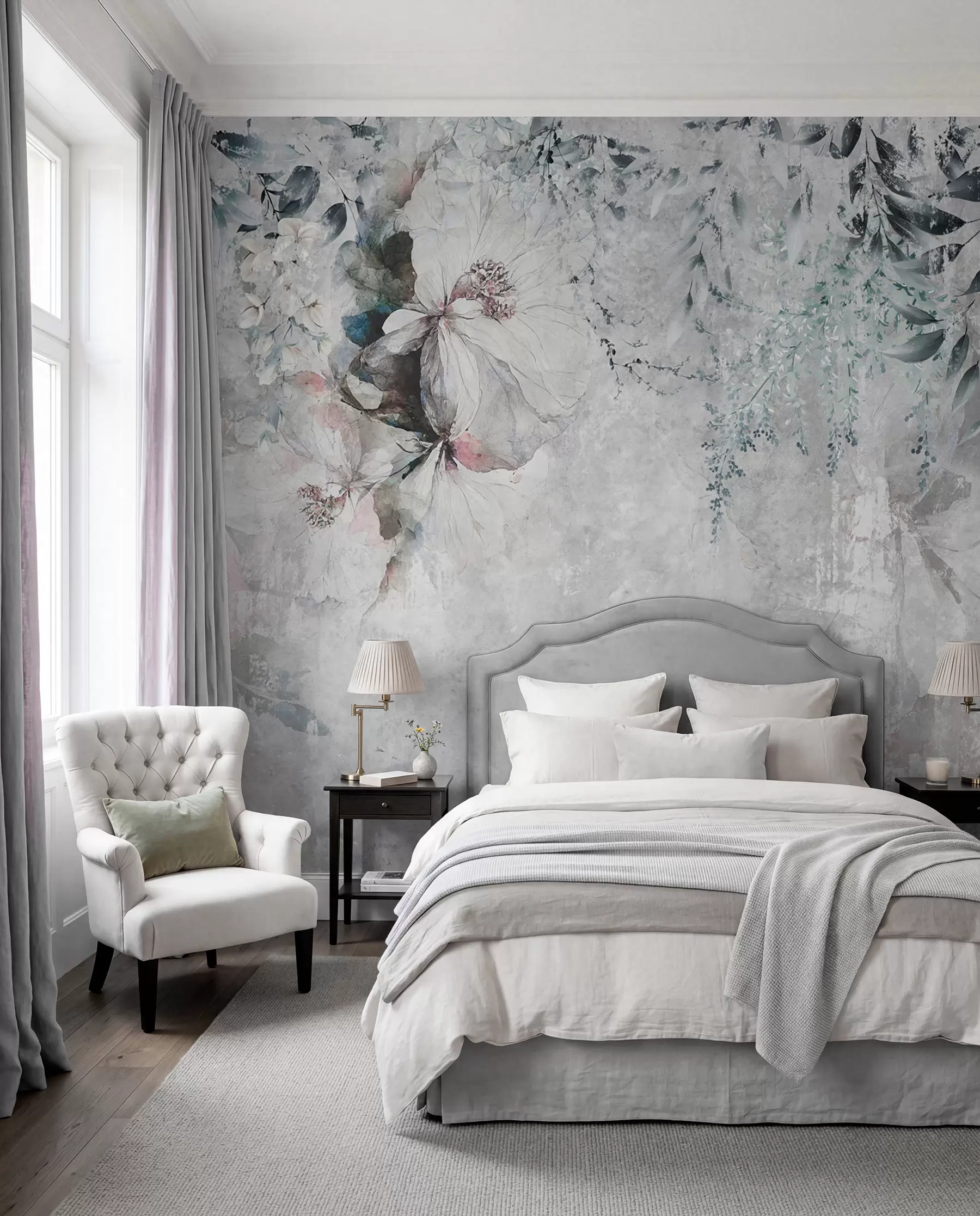 Papier peint Style grunge avec des branches et des bourgeons blancs u74746