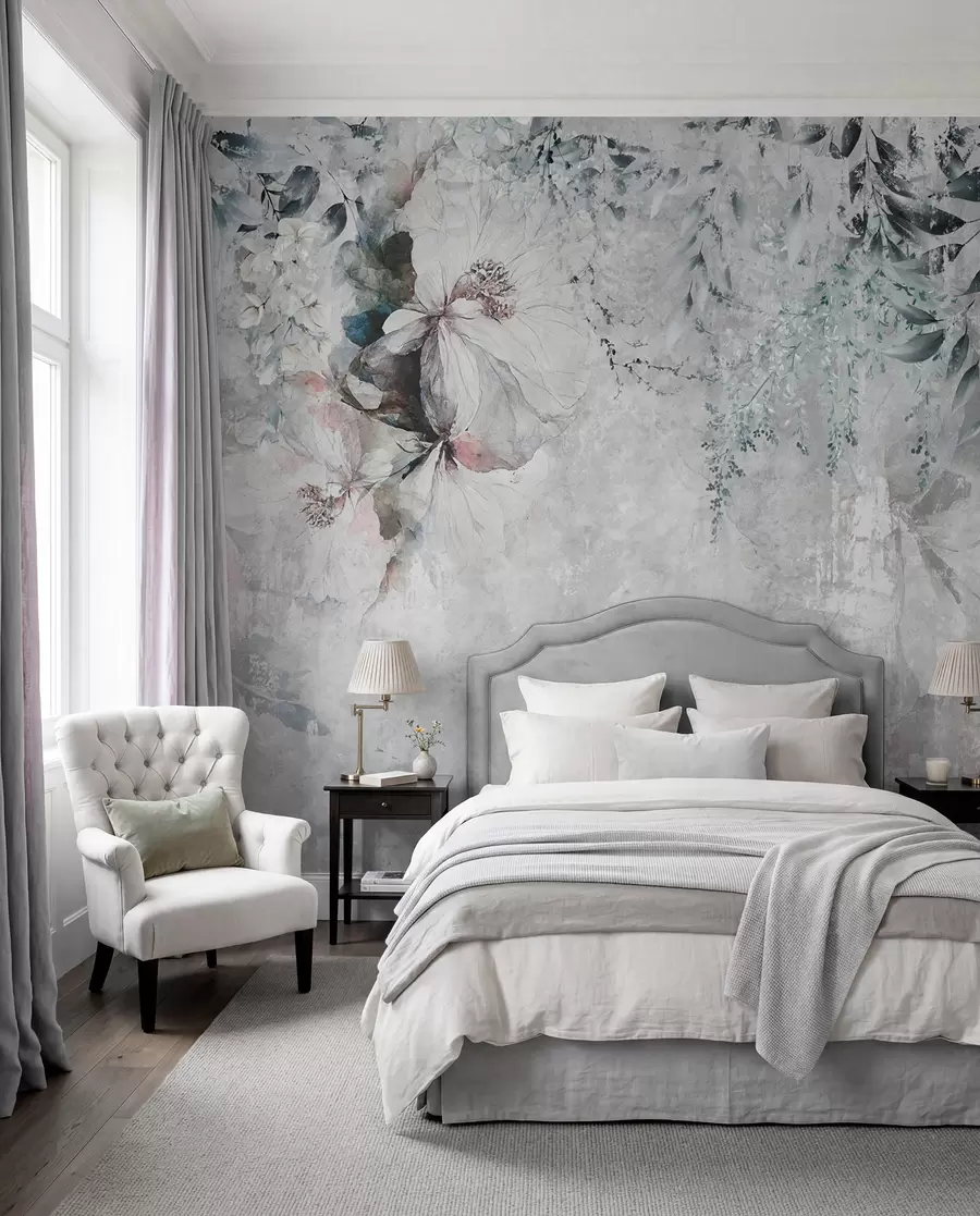 Papier peint Style grunge avec des branches et des bourgeons blancs u74746
