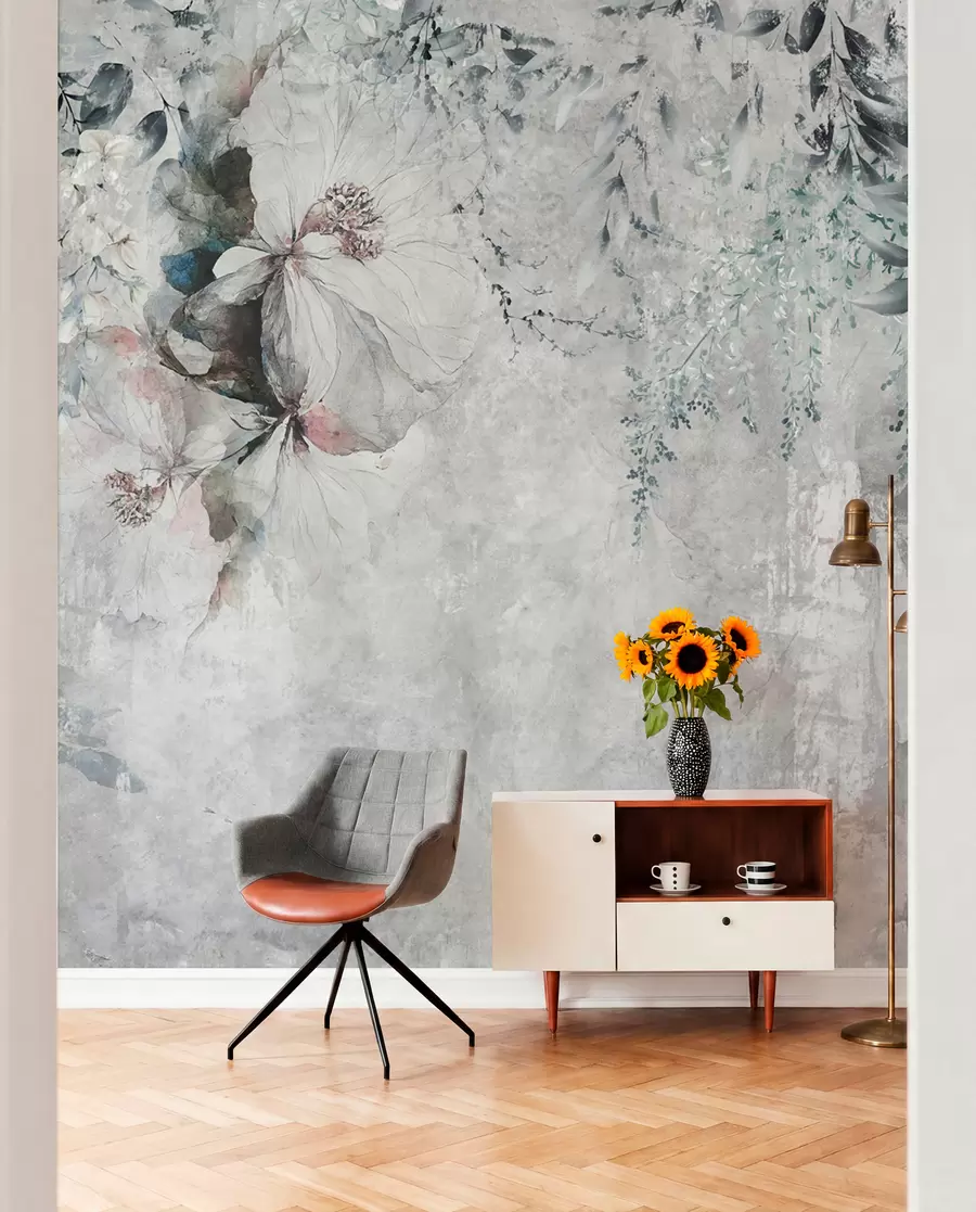 Papier peint Style grunge avec des branches et des bourgeons blancs u74746