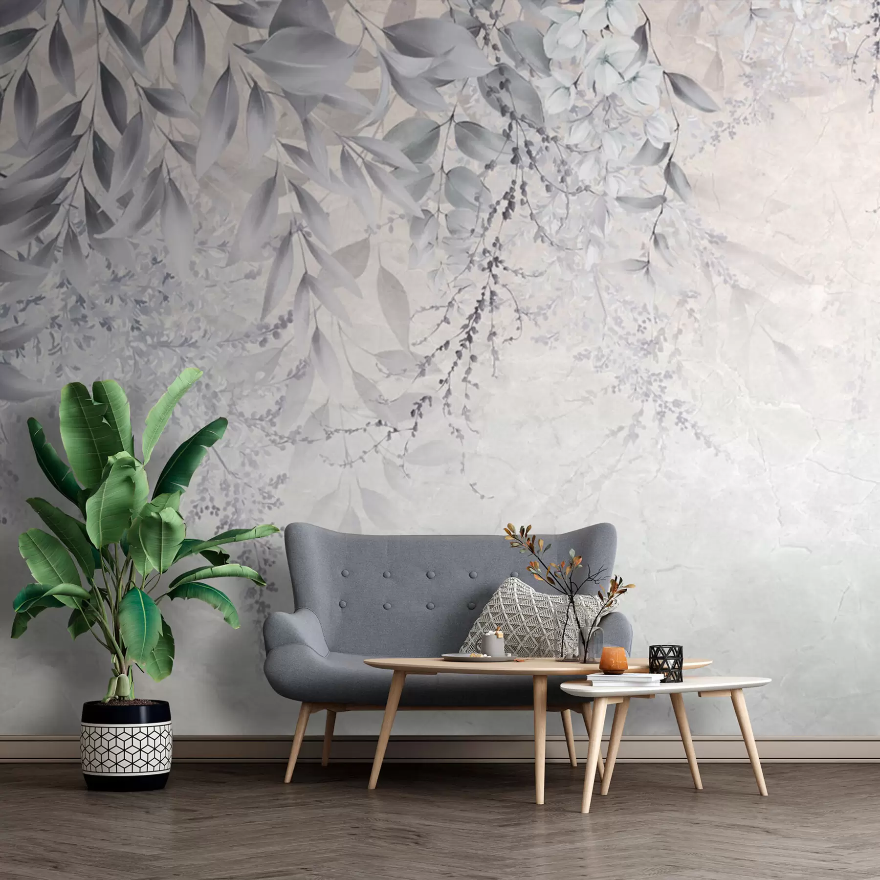 Papier peint Feuilles grises avec des fleurs u94228