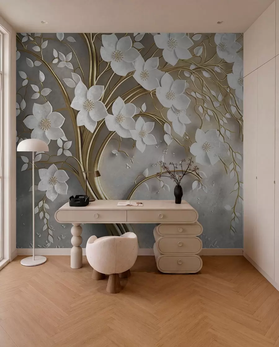 Papier peint arbre à fleurs blanches u94015