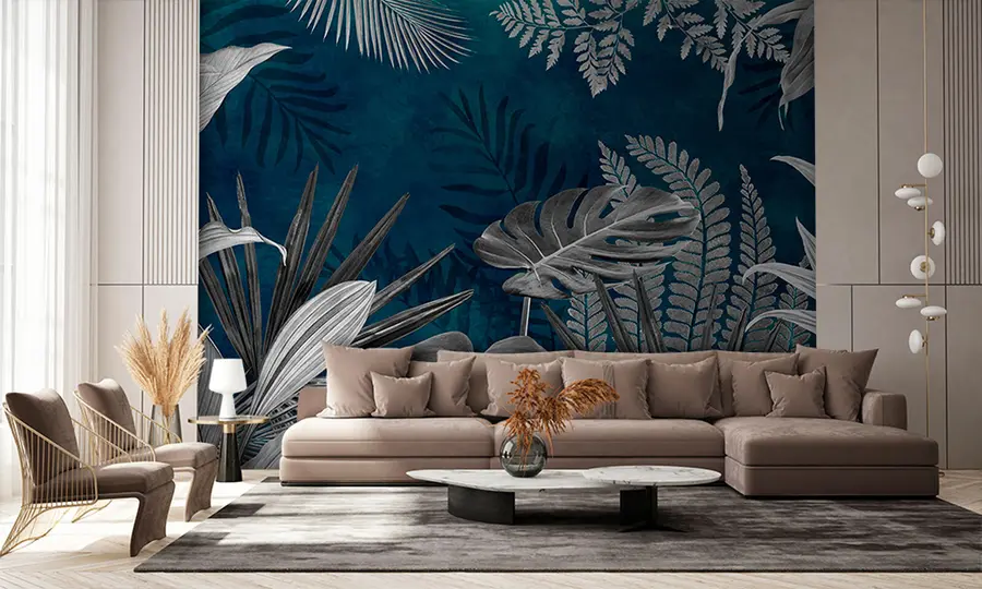 Papier peint Feuilles tropicales sur fond bleu dans un style grunge u94419