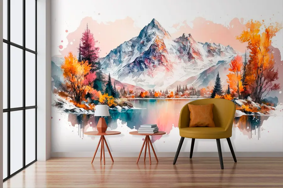 Papier peint Paysage d'automne de montagne aquarelle avec de la neige sur les sommets u94782