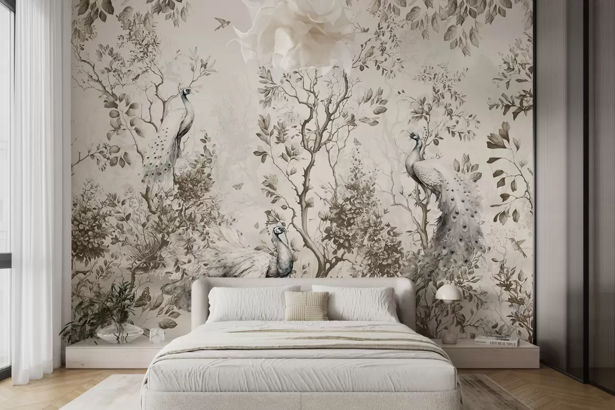 Papier peint Un jardin avec des oiseaux fragiles, des paons u94850