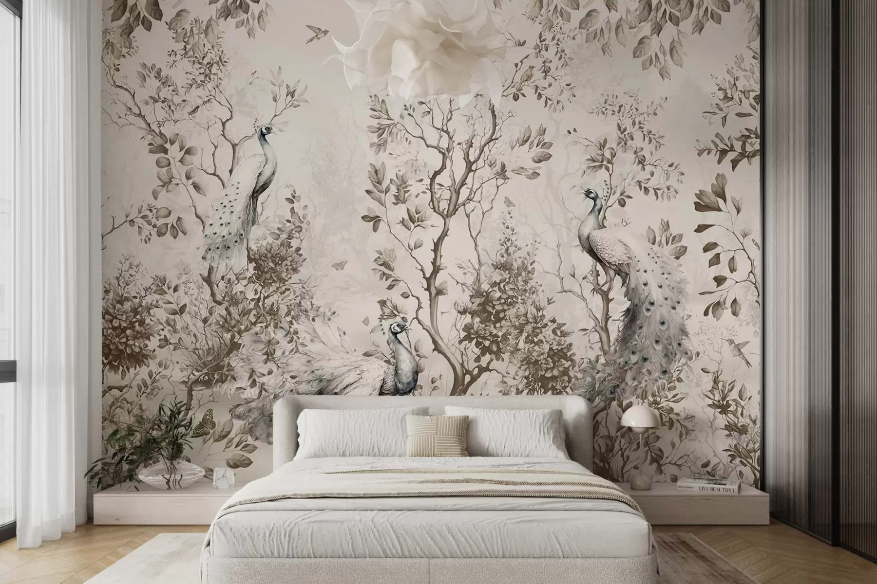 Papier peint Un jardin avec des oiseaux fragiles, des paons u94850