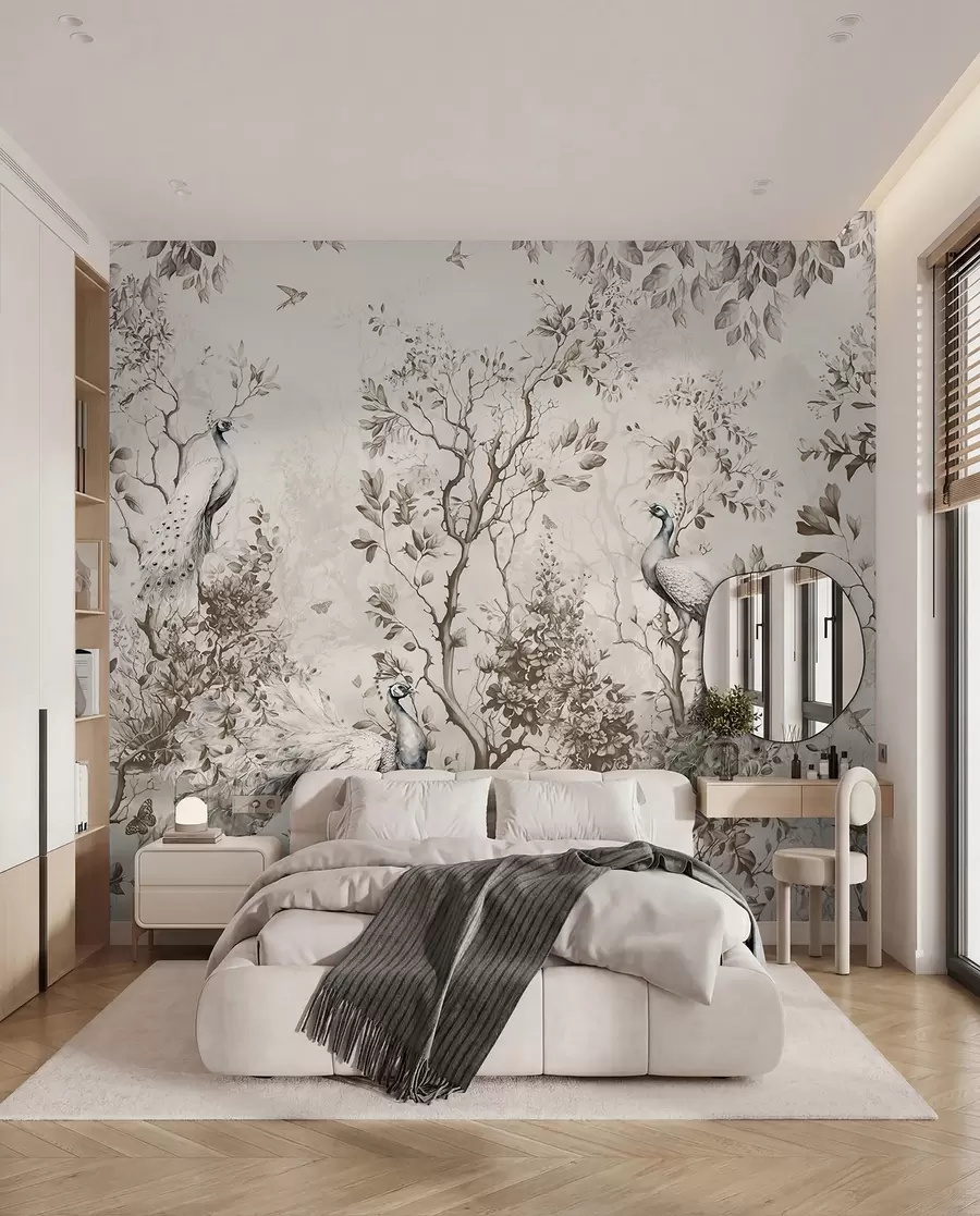 Papier peint Un jardin avec des oiseaux fragiles, des paons u94850