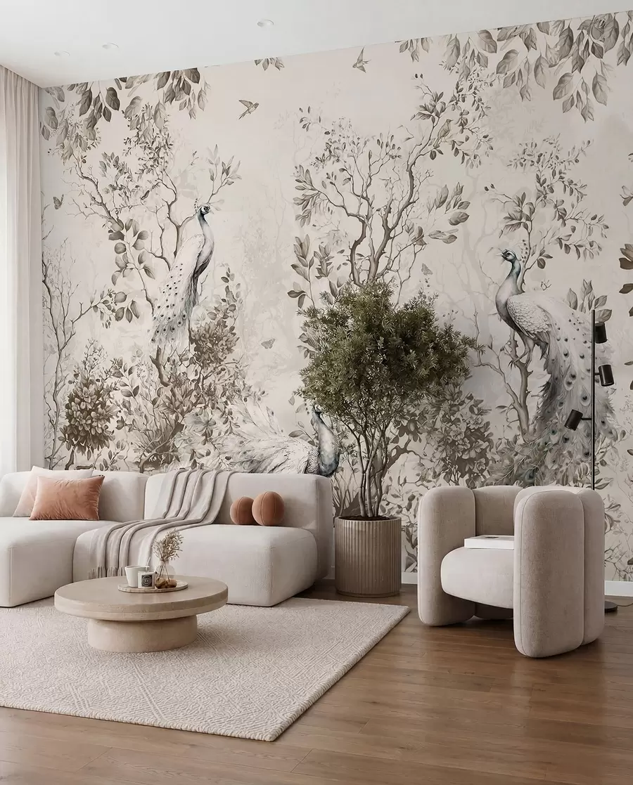 Papier peint Un jardin avec des oiseaux fragiles, des paons u94850