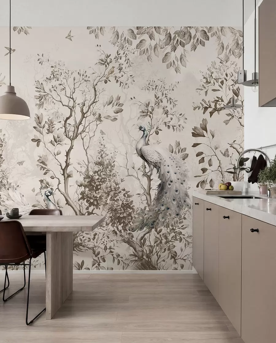 Papier peint Un jardin avec des oiseaux fragiles, des paons u94850